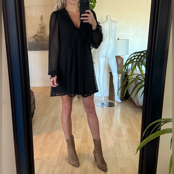 Zara Black Long Sleeve Dress Chiffon Polkadot Mesh Mini - Picture 1 of 8